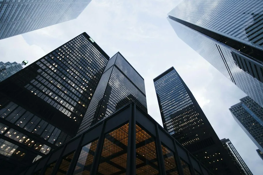 Glass office towers from below
